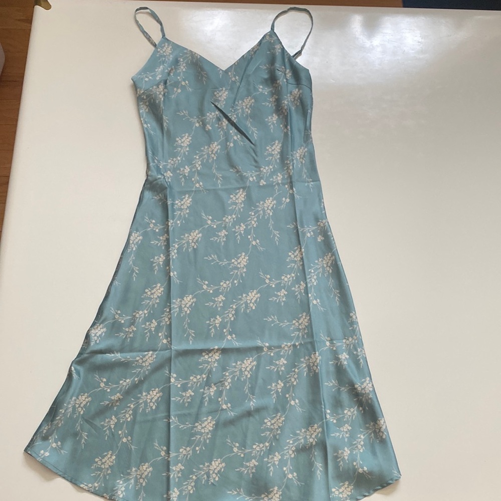 Light blue and white floral satin midi dress